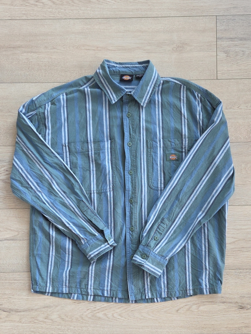 Dickies Green and Blue Striped Long-Sleeve Button-Up Shirt